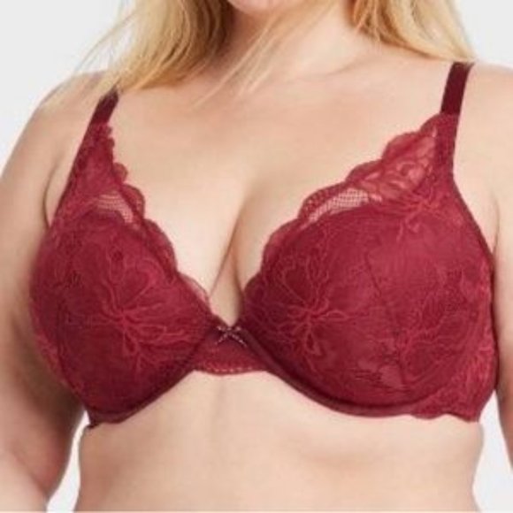 AUDEN Push Up Plunge Underwire Bra 46D Plus Size Wine Red Sublime Berry Lace - Picture 3 of 12